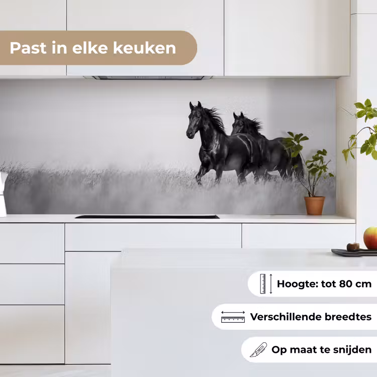 Keuken achterwand - Paarden - Gras - Zwart - Wit — 7