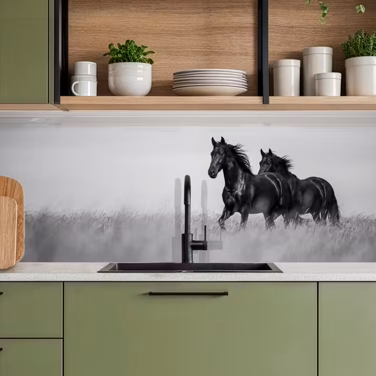 Keuken achterwand - Paarden - Gras - Zwart - Wit — 8