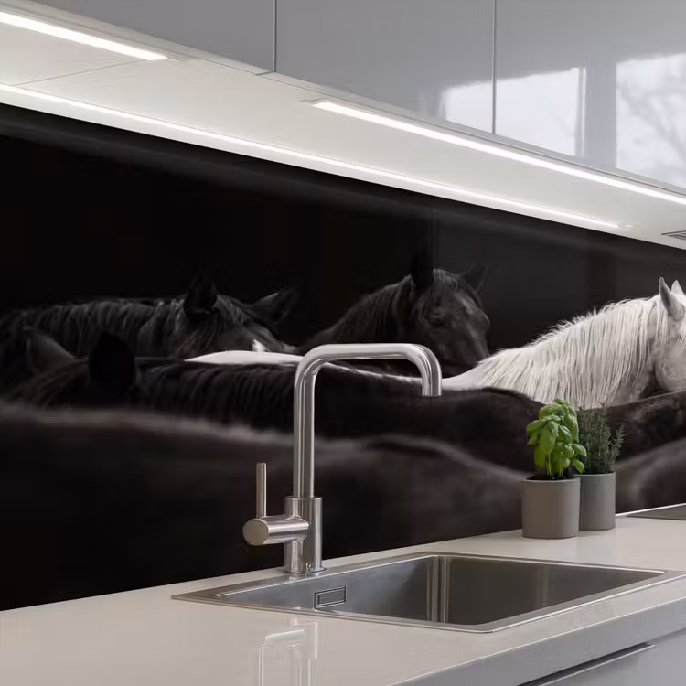 Keuken achterwand - Paarden - Zwart - Wit - Kudde — 2
