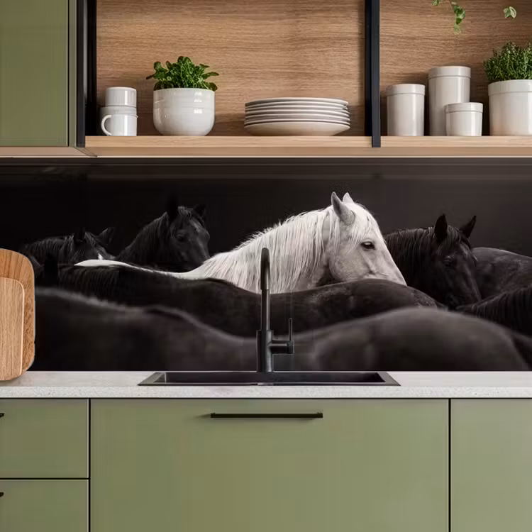 Keuken achterwand - Paarden - Zwart - Wit - Kudde — 8