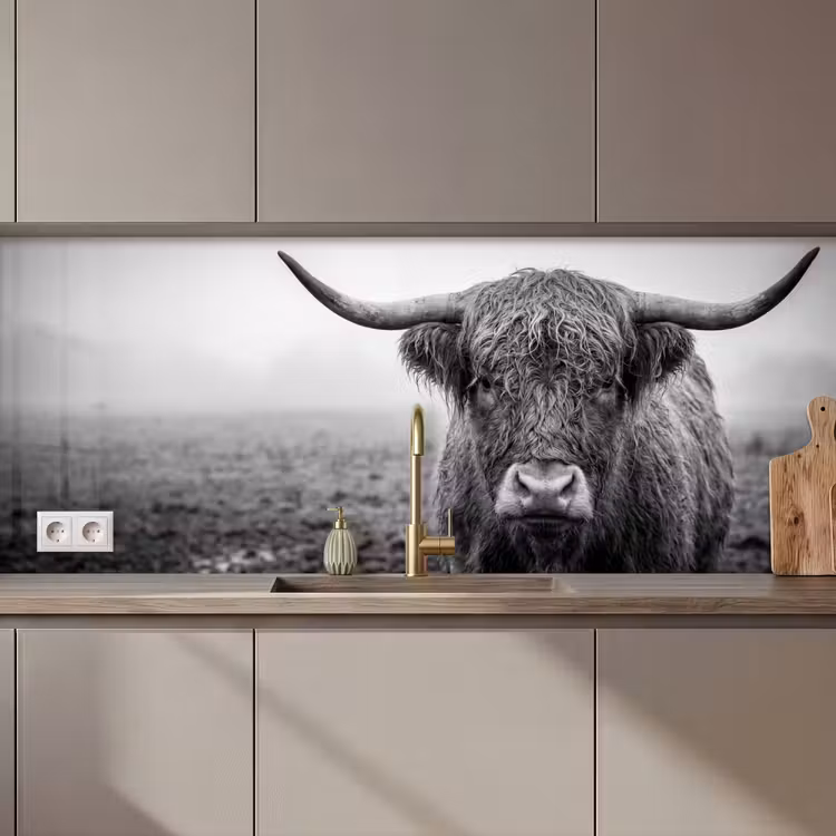 Keuken achterwand - Schotse hooglander - Zwart - Wit - Gras — 1