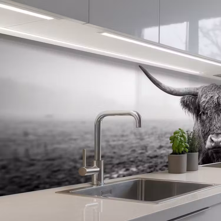 Keuken achterwand - Schotse hooglander - Zwart - Wit - Gras — 2