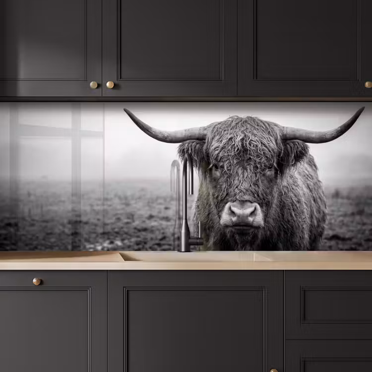 Keuken achterwand - Schotse hooglander - Zwart - Wit - Gras — 6