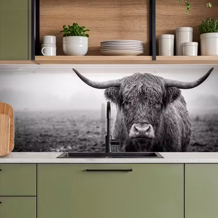 Keuken achterwand - Schotse hooglander - Zwart - Wit - Gras — 8