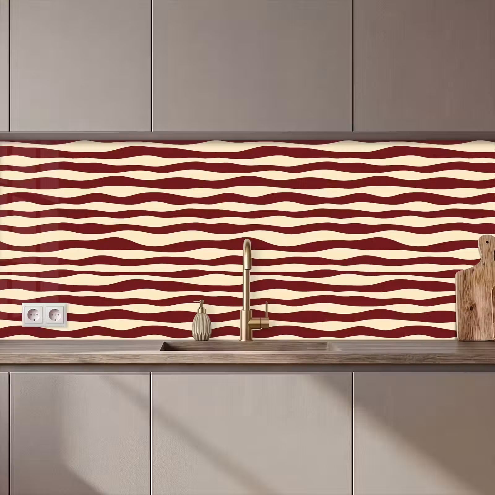 Keuken achterwand - Golven - Rood - Patroon - Crème — 1