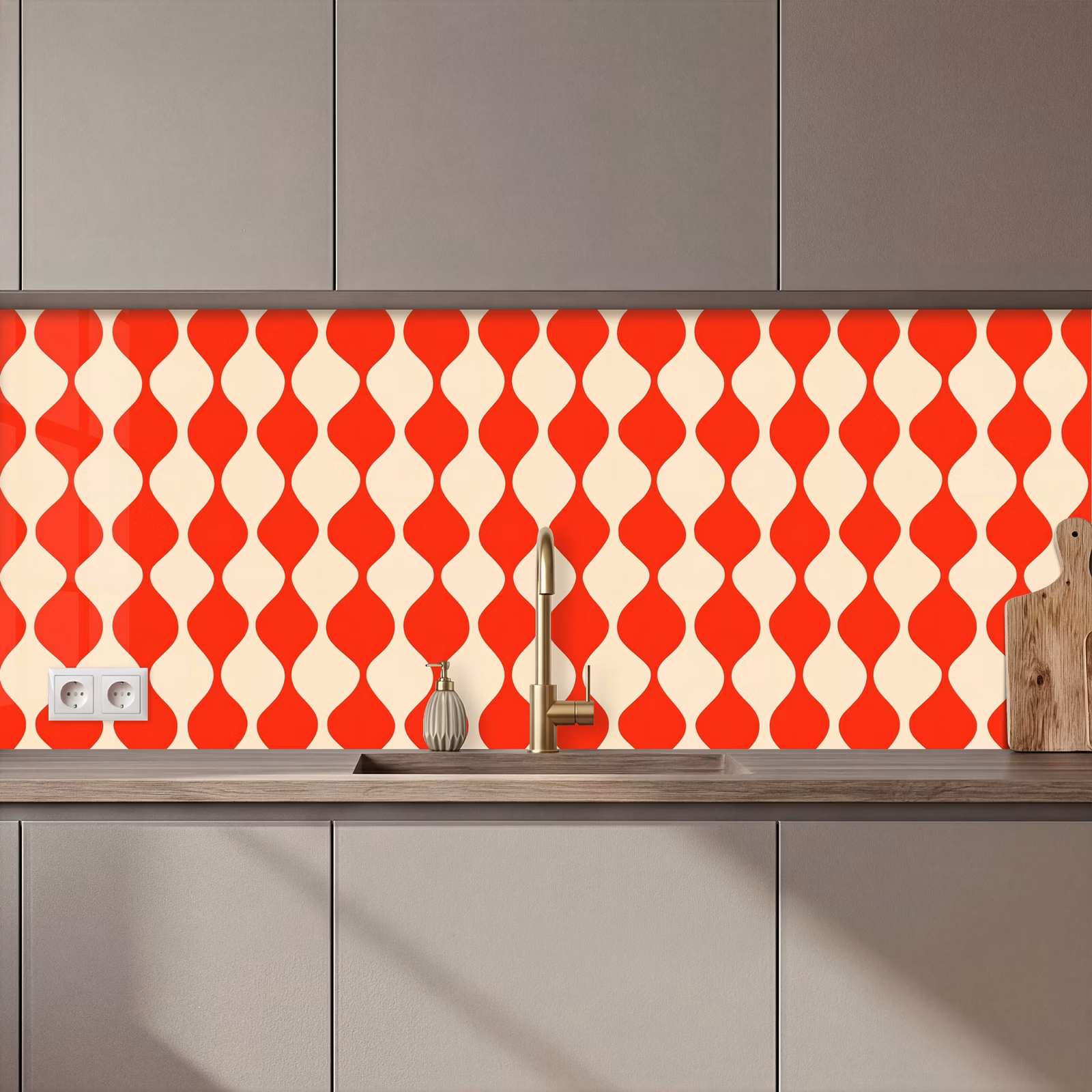Keuken achterwand - Golvend patroon - Retro - Rood - Beige — 1