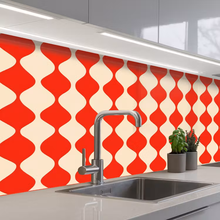 Keuken achterwand - Golvend patroon - Retro - Rood - Beige — 2