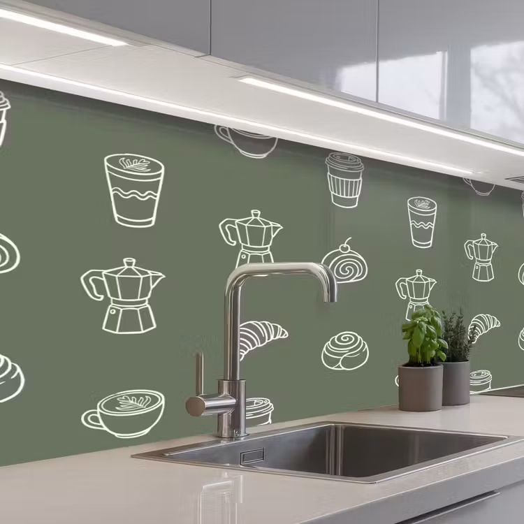Keuken achterwand - Koffie - Broodjes - Groen - Patroon — 2