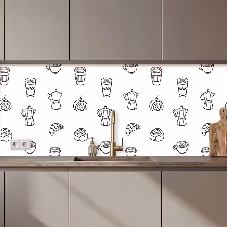 Keuken achterwand - Koffie - Broodjes - Zwart - Wit — 1