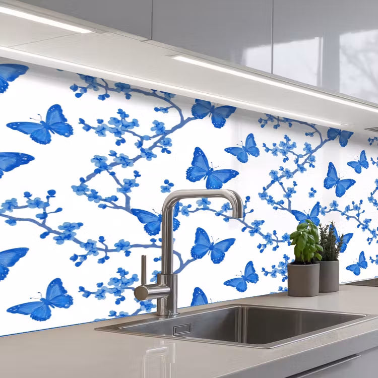 Keuken achterwand - Vlinder - Bloemen - Blauw — 2