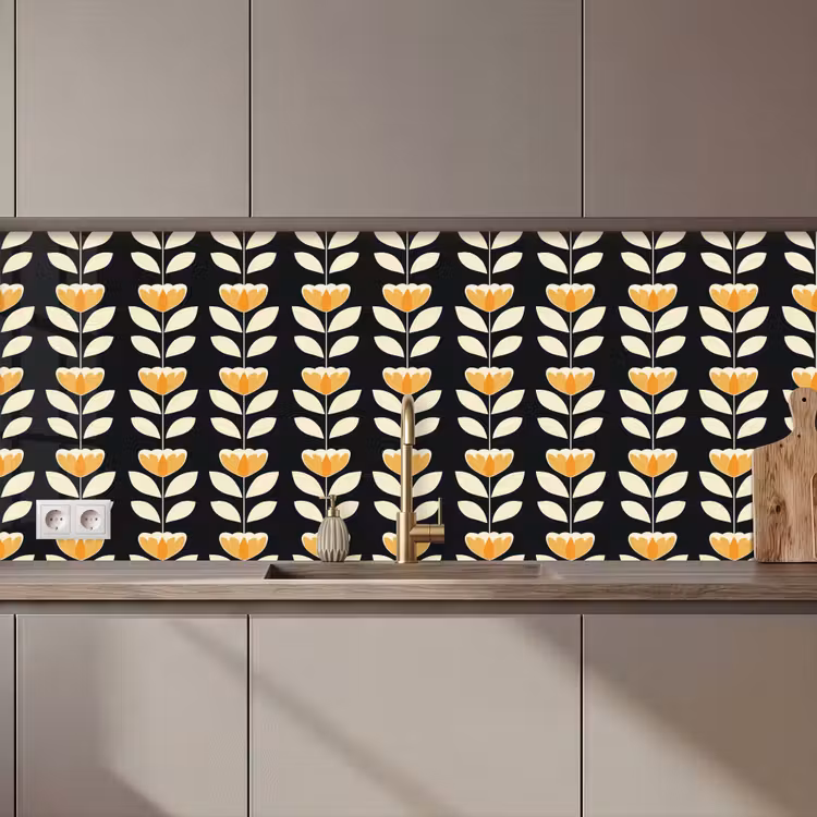 Keuken achterwand - Retro - Bloem - Zwart - Okergeel — 1
