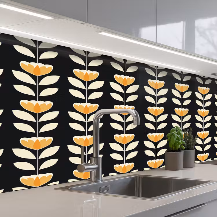 Keuken achterwand - Retro - Bloem - Zwart - Okergeel — 2