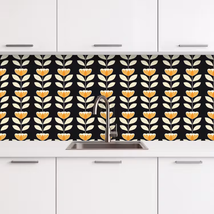 Keuken achterwand - Retro - Bloem - Zwart - Okergeel — 4