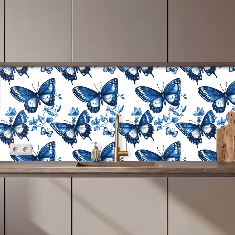 Keuken achterwand - Blauw - Vlinders - Bloemen - Wit — 1