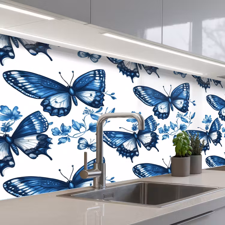 Keuken achterwand - Blauw - Vlinders - Bloemen - Wit — 2