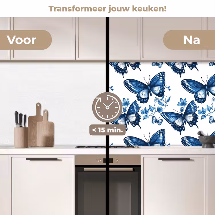 Keuken achterwand - Blauw - Vlinders - Bloemen - Wit — 3