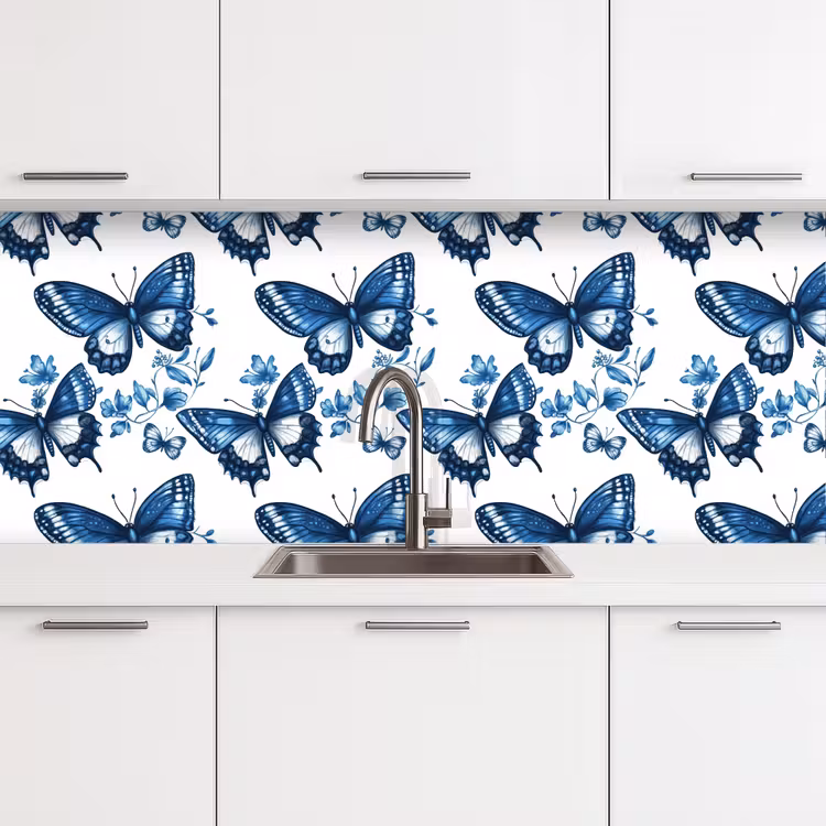 Keuken achterwand - Blauw - Vlinders - Bloemen - Wit — 4