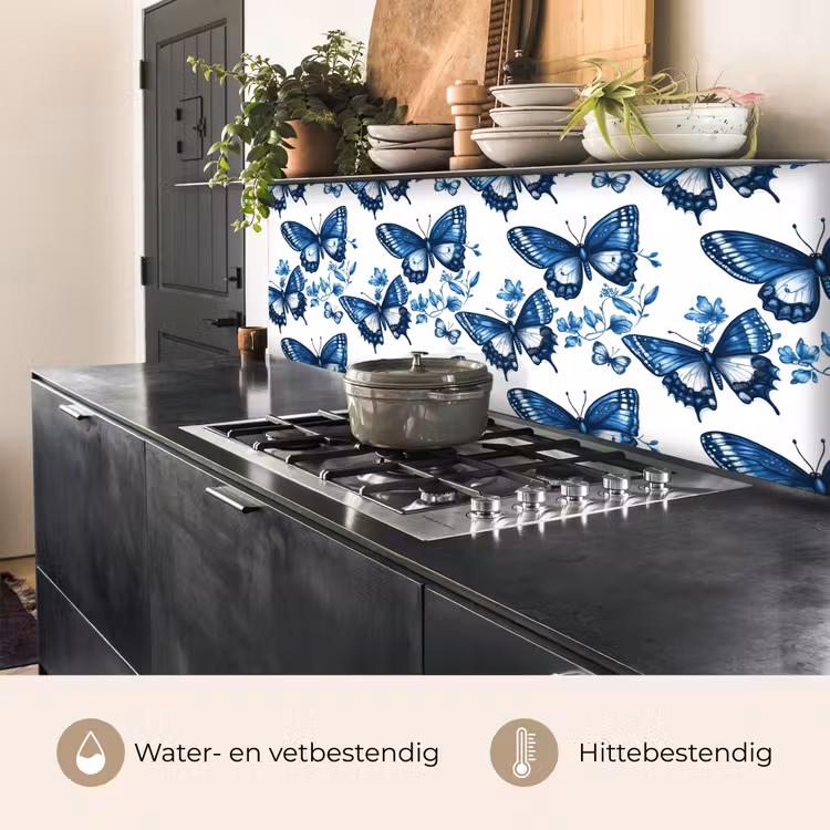 Keuken achterwand - Blauw - Vlinders - Bloemen - Wit — 5