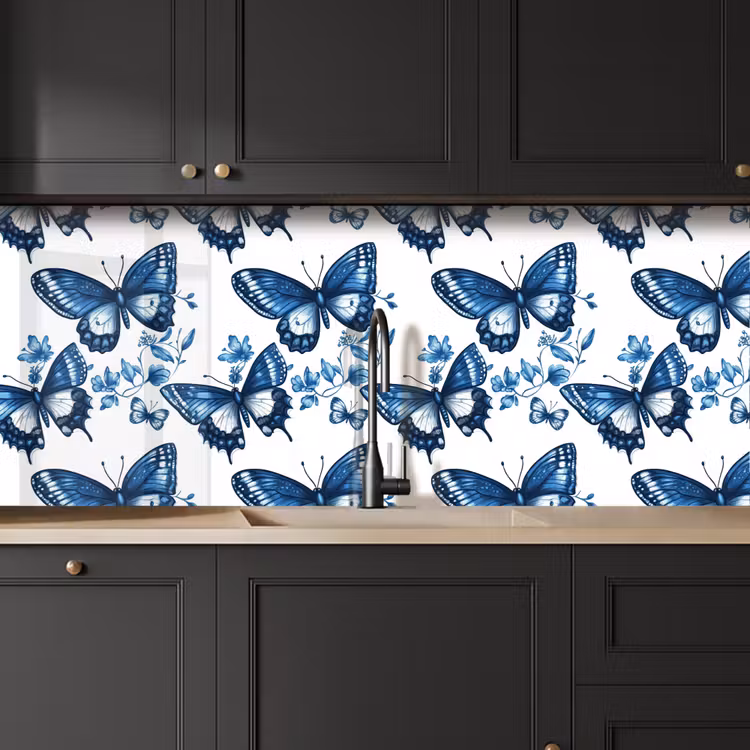 Keuken achterwand - Blauw - Vlinders - Bloemen - Wit — 6