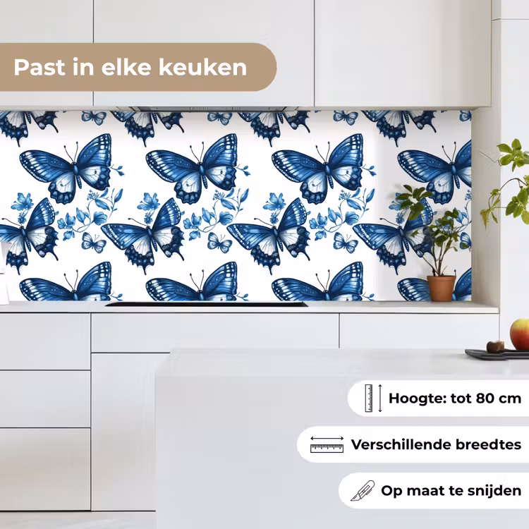 Keuken achterwand - Blauw - Vlinders - Bloemen - Wit — 7