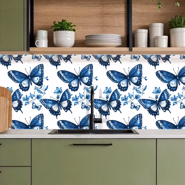 Keuken achterwand - Blauw - Vlinders - Bloemen - Wit — 8