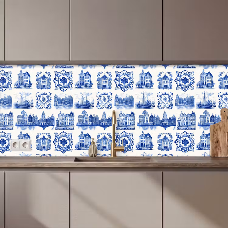 Keuken achterwand - Huizen - Schepen - Blauw — 1