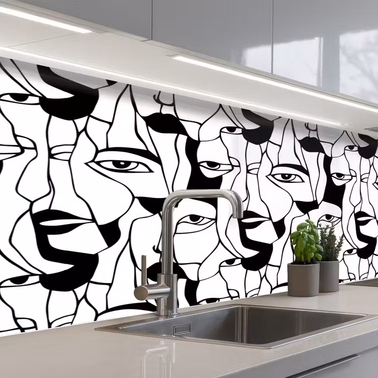 Keuken achterwand - Lijnen - Gezichten - Zwart - Wit — 2