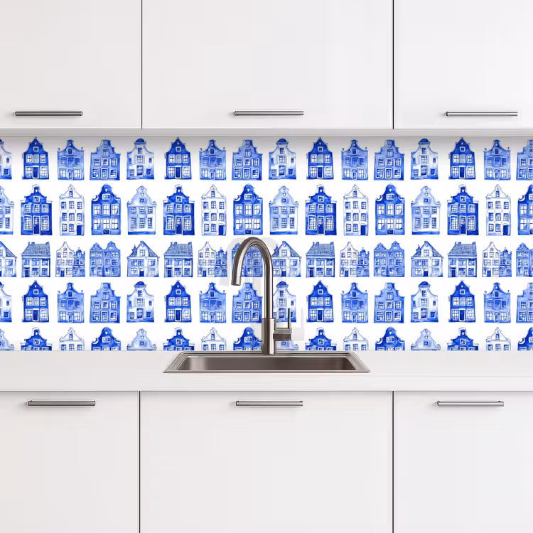 Keuken achterwand - Patroon - Huizen - Blauw — 4