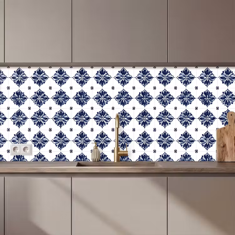 Keuken achterwand - Tegelmotief - Blauw - Wit - Bloem — 1