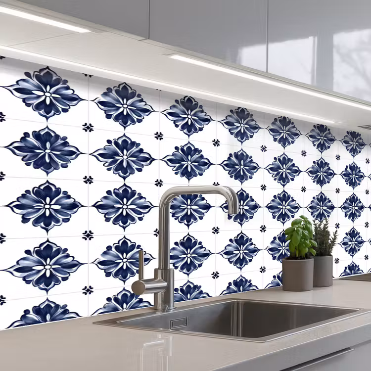 Keuken achterwand - Tegelmotief - Blauw - Wit - Bloem — 2