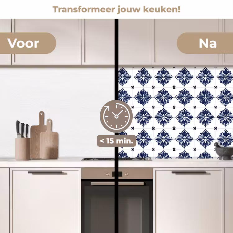 Keuken achterwand - Tegelmotief - Blauw - Wit - Bloem — 3