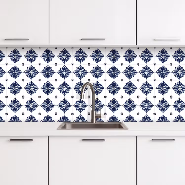 Keuken achterwand - Tegelmotief - Blauw - Wit - Bloem — 4