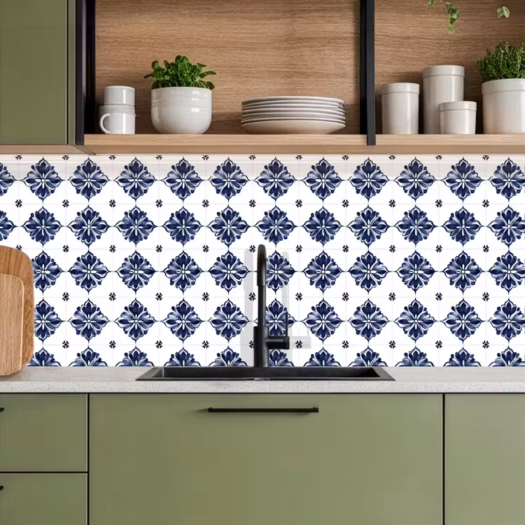Keuken achterwand - Tegelmotief - Blauw - Wit - Bloem — 8
