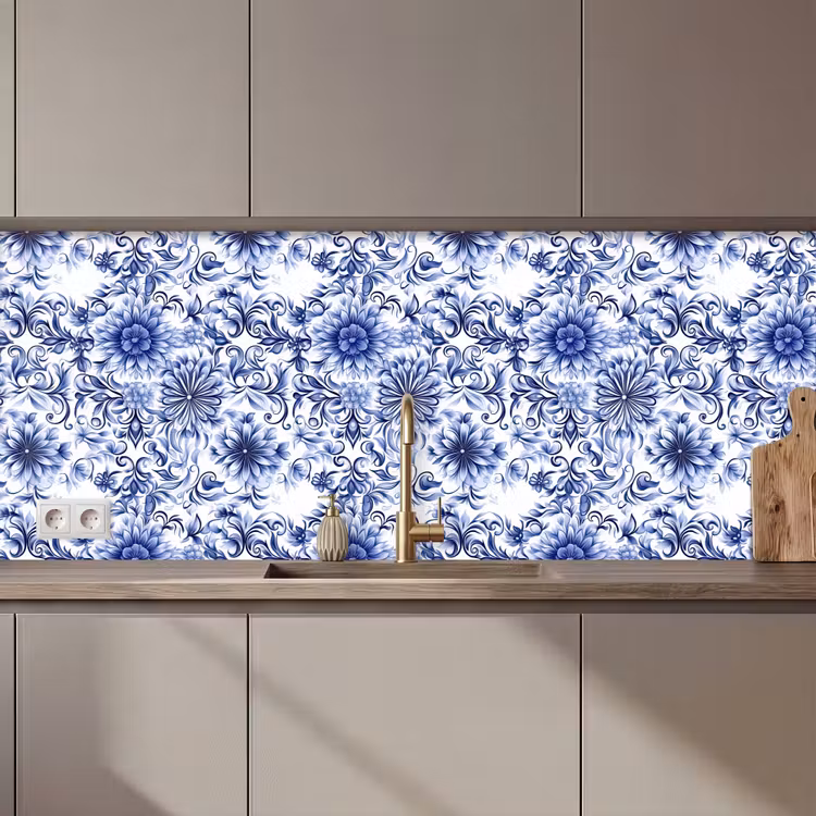 Keuken achterwand - Bloemen - Blauw - Patroon - Wit — 1
