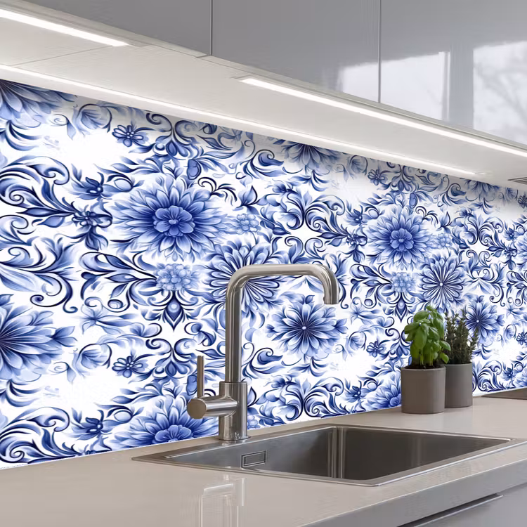 Keuken achterwand - Bloemen - Blauw - Patroon - Wit — 2