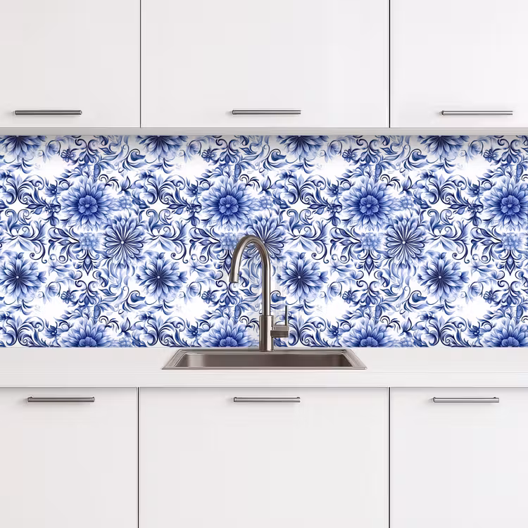 Keuken achterwand - Bloemen - Blauw - Patroon - Wit — 4