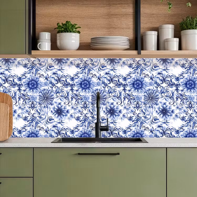 Keuken achterwand - Bloemen - Blauw - Patroon - Wit — 8