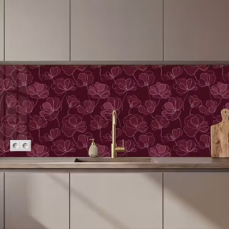 Keuken achterwand - Bloemen - Patroon - Bordeauxrood — 1