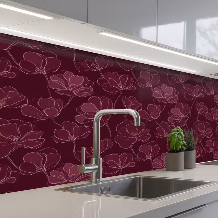 Keuken achterwand - Bloemen - Patroon - Bordeauxrood — 2