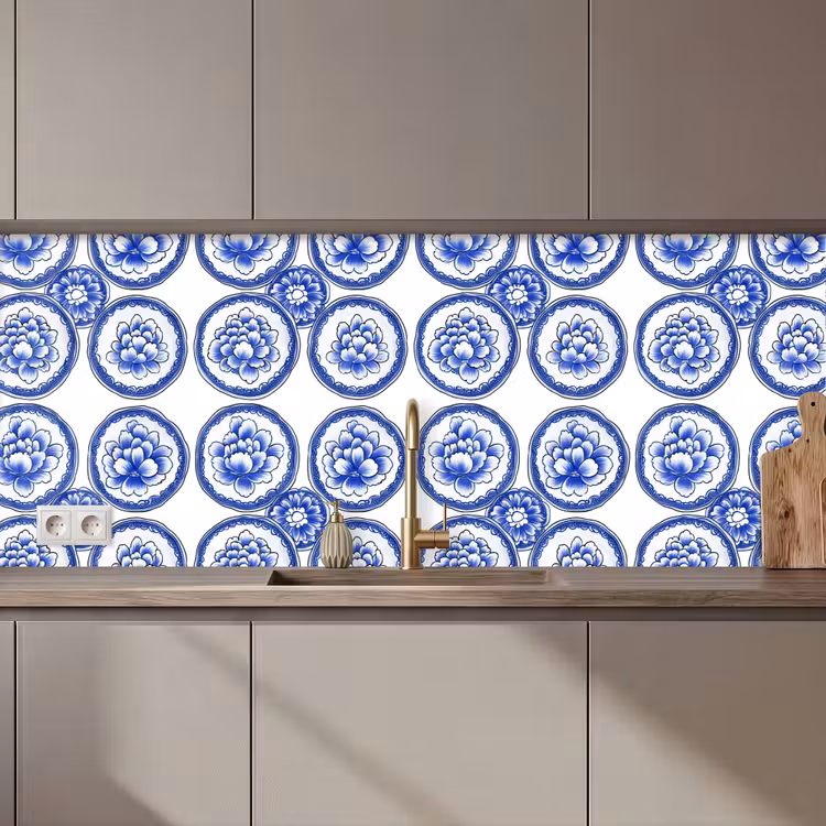 Keuken achterwand - Cirkels - Bloemen - Blauw — 1