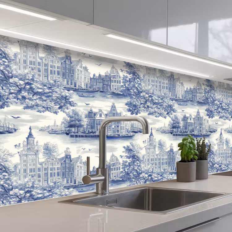 Keuken achterwand - Huizen - Bomen - Water - Vogels - Blauw — 2