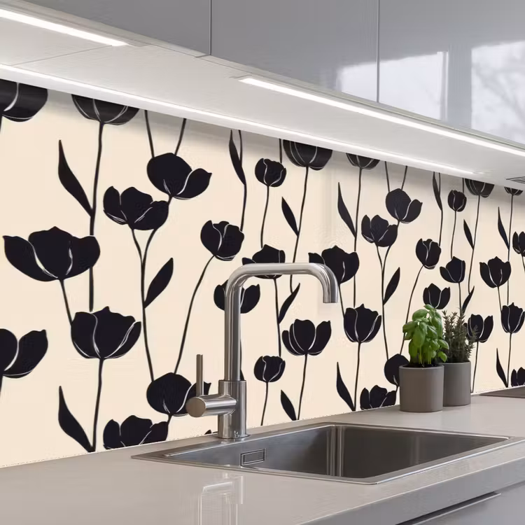 Keuken achterwand - Tulpen - Patroon - Zwart — 2