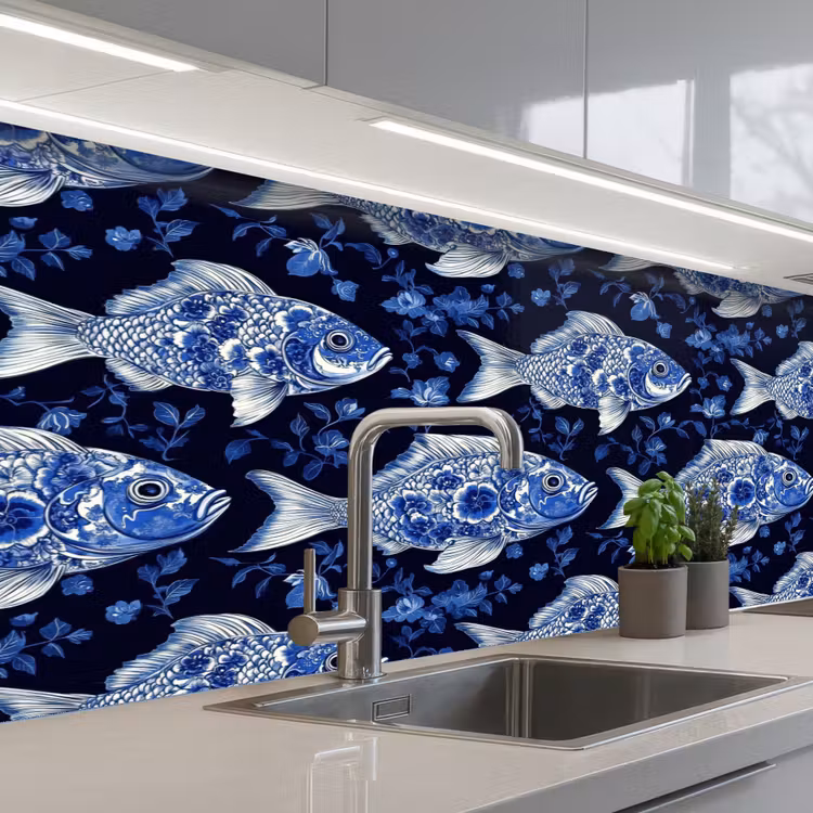 Keuken achterwand - Vissen - Bloemen - Blauw — 2