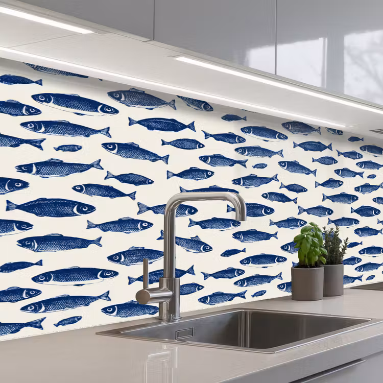 Keuken achterwand - Vissen - Patroon - Blauw - Wit — 2
