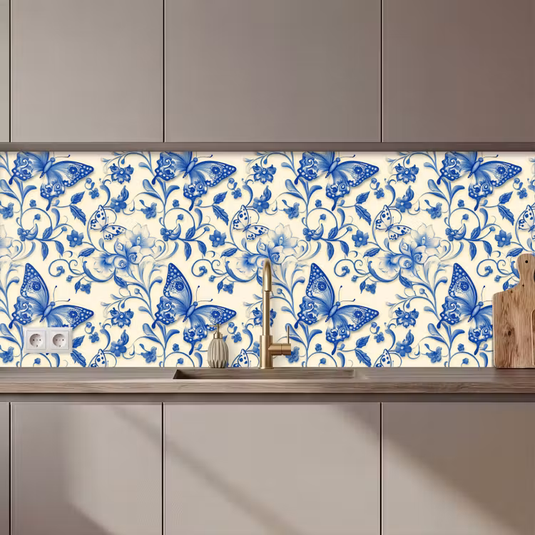 Keuken achterwand - Vlinders - Bloemen - Blauw - Botanisch — 1