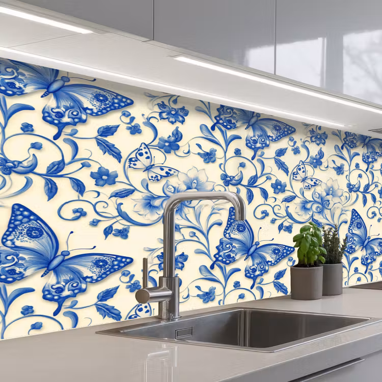 Keuken achterwand - Vlinders - Bloemen - Blauw - Botanisch — 2