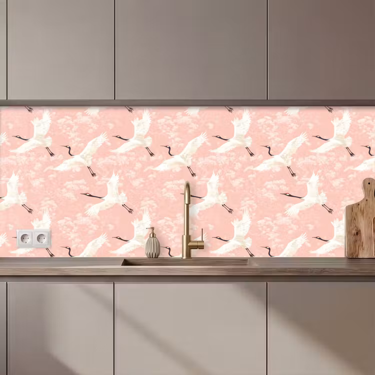 Keuken achterwand - Kraanvogels - Bloesem - Roze — 1