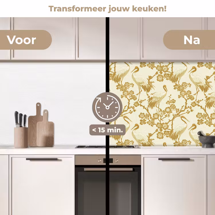 Keuken achterwand - Kraanvogels - Kersenbloesem - Goud — 3