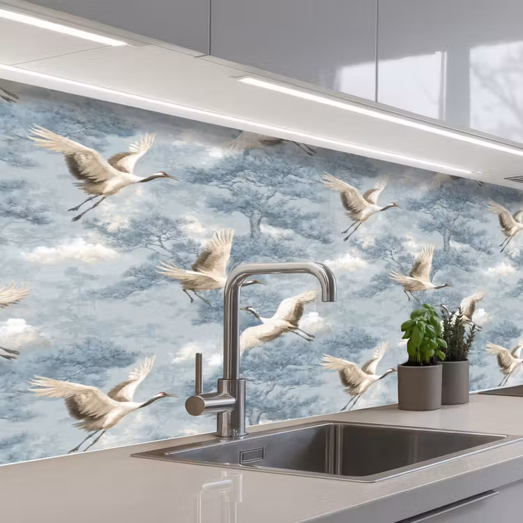 Keuken achterwand - Wolken - Kraanvogels - Blauw — 2