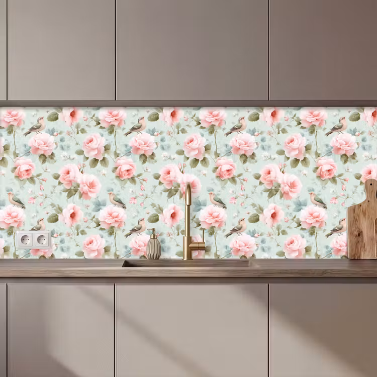 Keuken achterwand - Rozen - Vogels - Pastel - Kleurrijk — 1